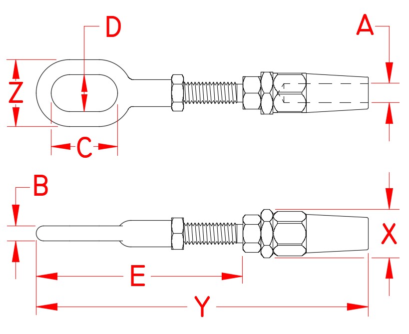 Stainless Steel Quick Attach™ Gate Eyes, Double Gate Eye, S0776-1905, S0776-2905, Line Drawing
